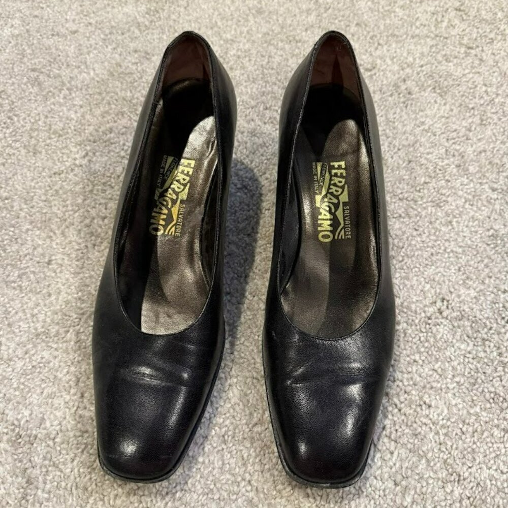 Salvatore Ferragamo Size (10) Ten Women's Heels Slip-On Black Leather Shoes - Picture 7 of 11